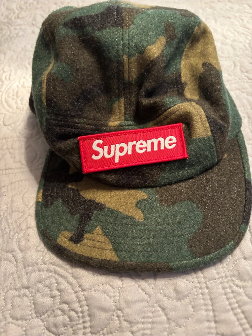 Supreme Mens Camo Five-Panel Cap with Red Logo